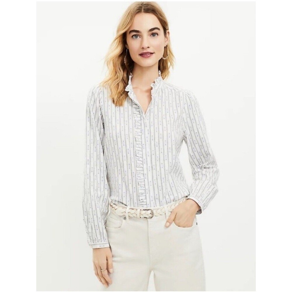 LOFT White Blue Stripe Ruffle Neck Blouse Long Sleeve Women's Large